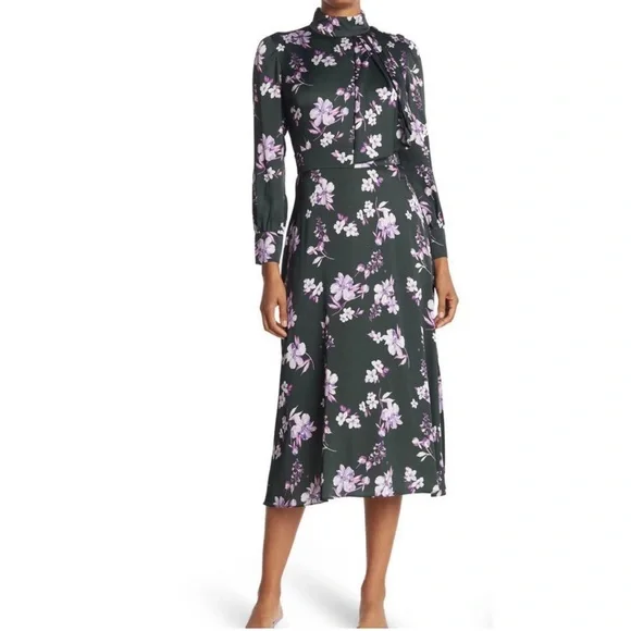 Alexia Admor Satin Mock Neck Midi Dress Green Floral 12 - Picture 1 of 12